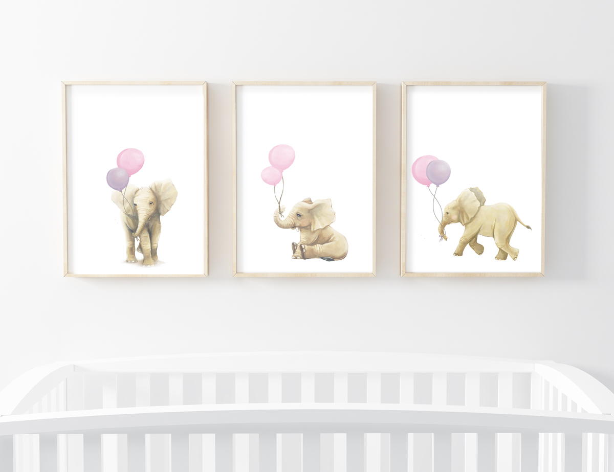Elephant art print with pink and purple balloons Elephant-with-pink-and-purple-balloon-art-print