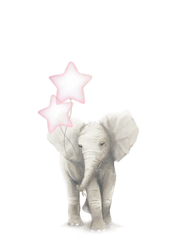Elephant holding star balloons art print Elephant-art-for-nursery