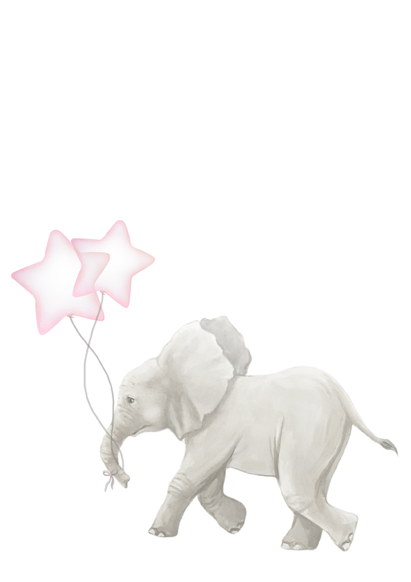 Elephant holding star balloons art print Elephant-with-pink-star-balloon-art-for-nursery