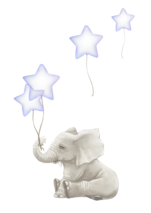Elephant holding star balloons art print Elephant-with-purple-star-balloon-art-for-nursery