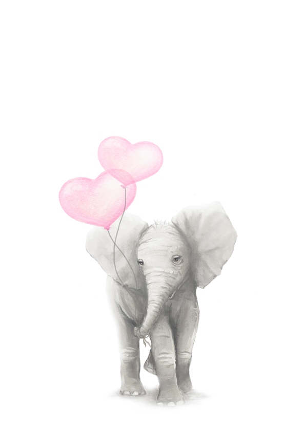 Elephant with two pink heart balloons animal-print-wall-art-of-elephant-with-two-pink-heart-balloon