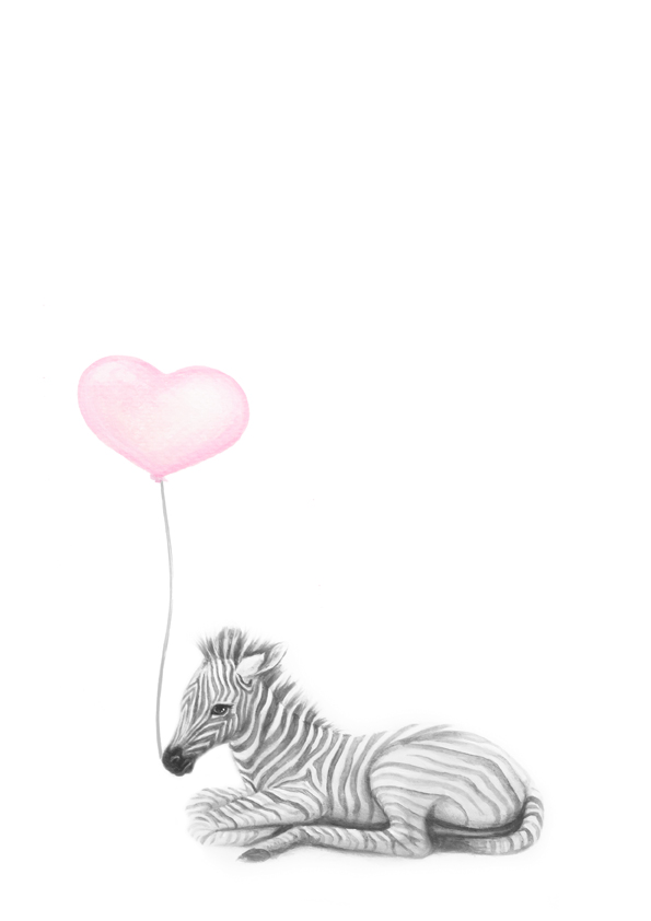 Zebra with pink heart balloon animal-print-wall-art-of-zebra-with-pink-heart-balloon