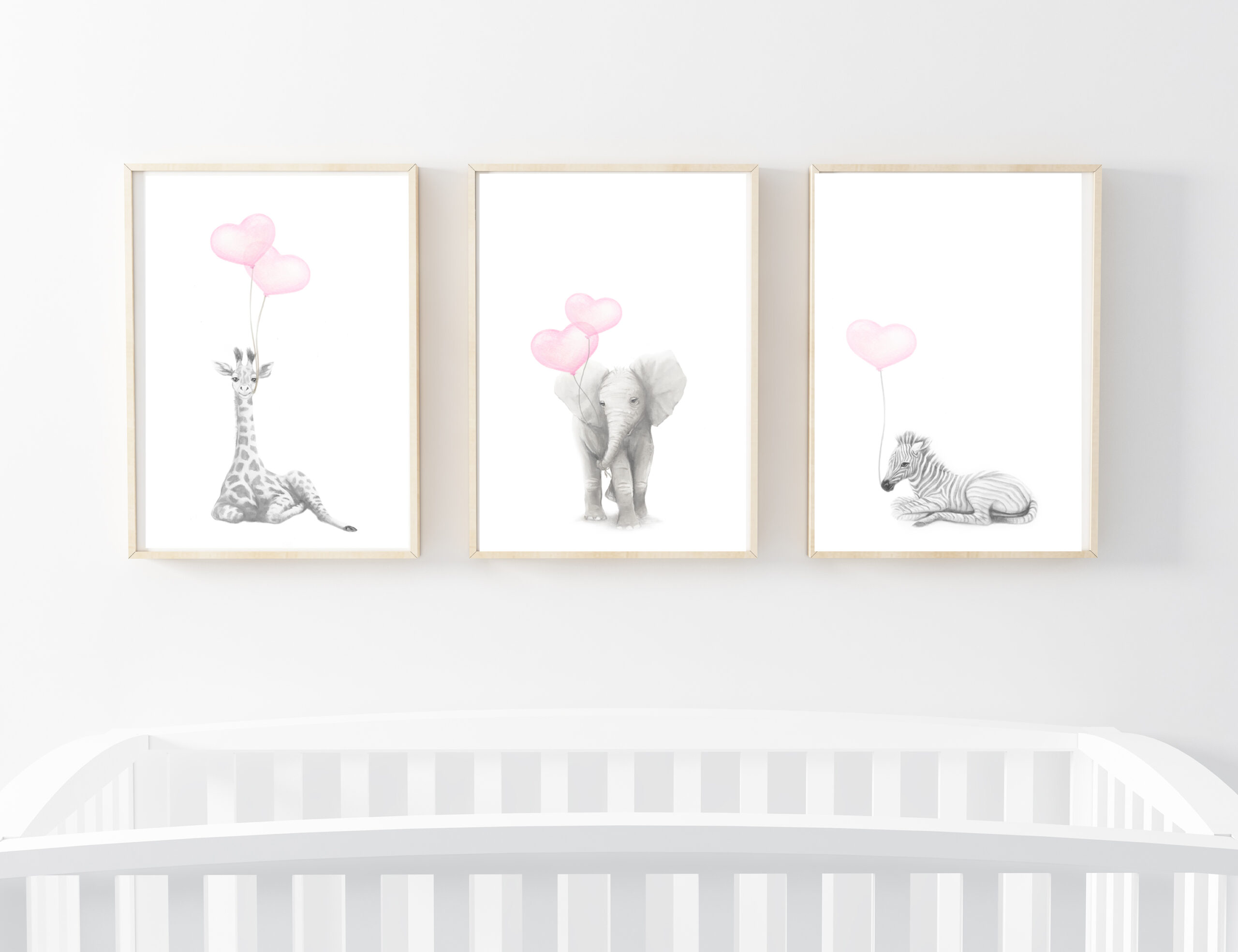 Safari animals with pink heart balloons animal-print-wall-art-of-safari-animals-holding-pink-heart-balloons
